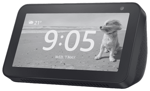 front facing view of echo show mini with dog on screen