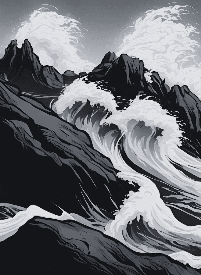 Ocean waves crashing, dark clouds